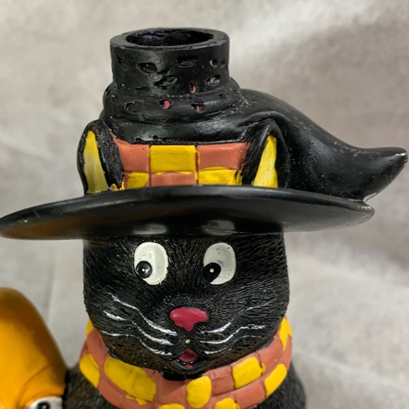 Vintage Black Cat  Ceramic Candle Holder  Figurine with Orange/Yellow Accents - Picture 2 of 16